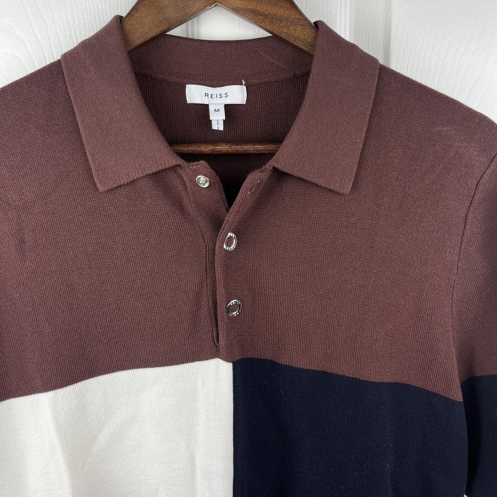 Reiss Polo Shirt Mens‎ Medium Brown Navy Colorblock Knit Short Sleeve Casual